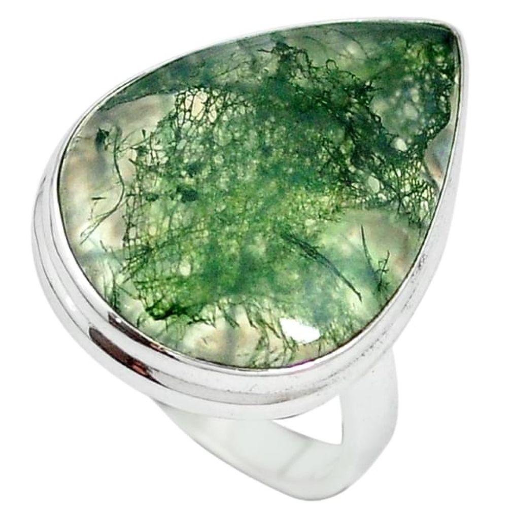 Natural green moss agate pear 925 sterling silver ring jewelry size 8 k95730