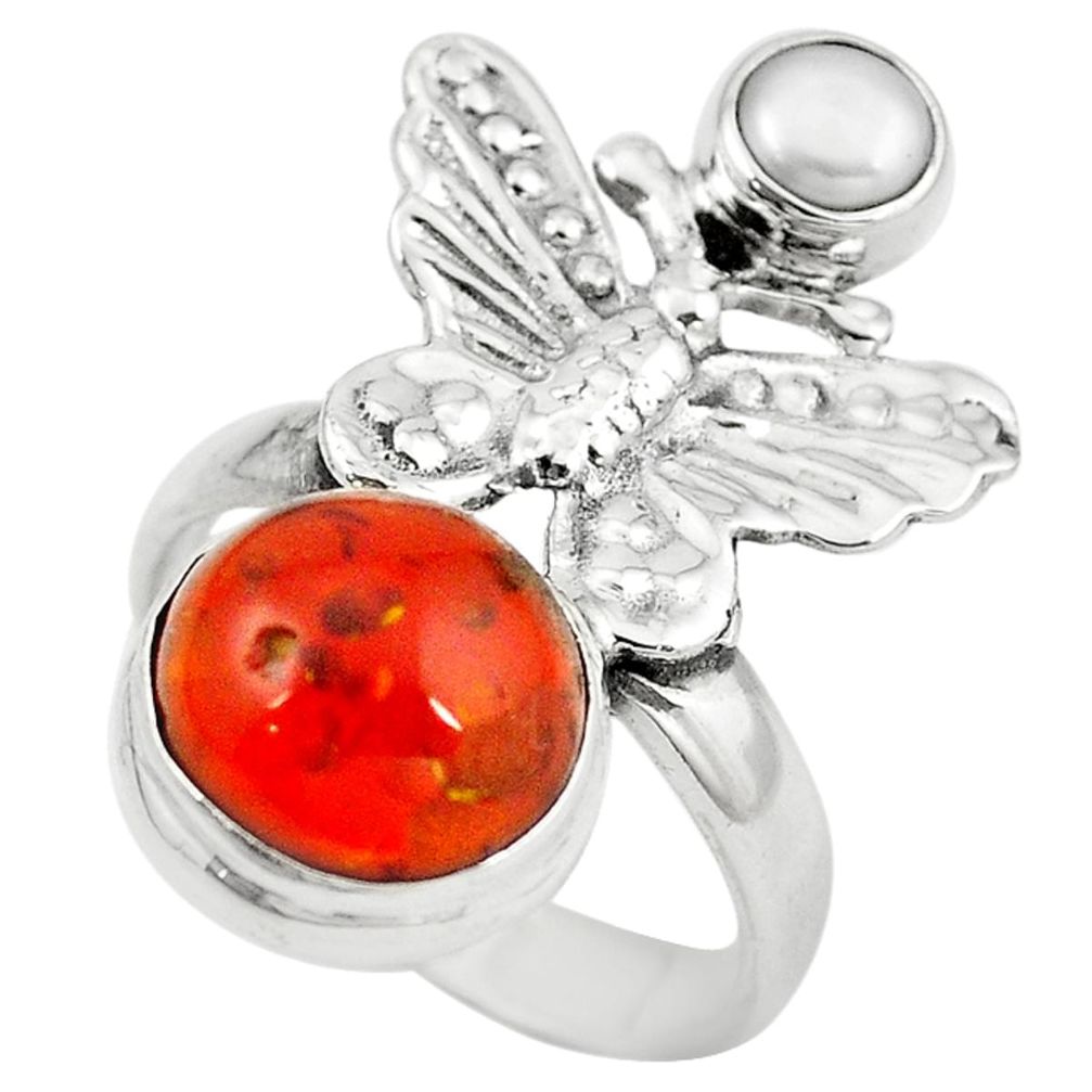 Orange amber pearl 925 sterling silver butterfly ring size 7.5 m13428