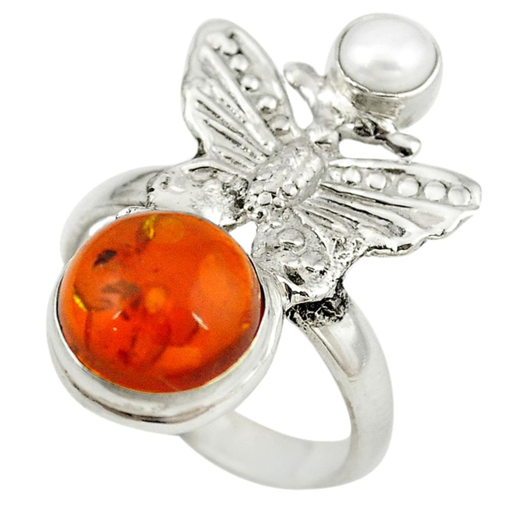 Orange amber white pearl 925 sterling silver butterfly ring size 8 m13429