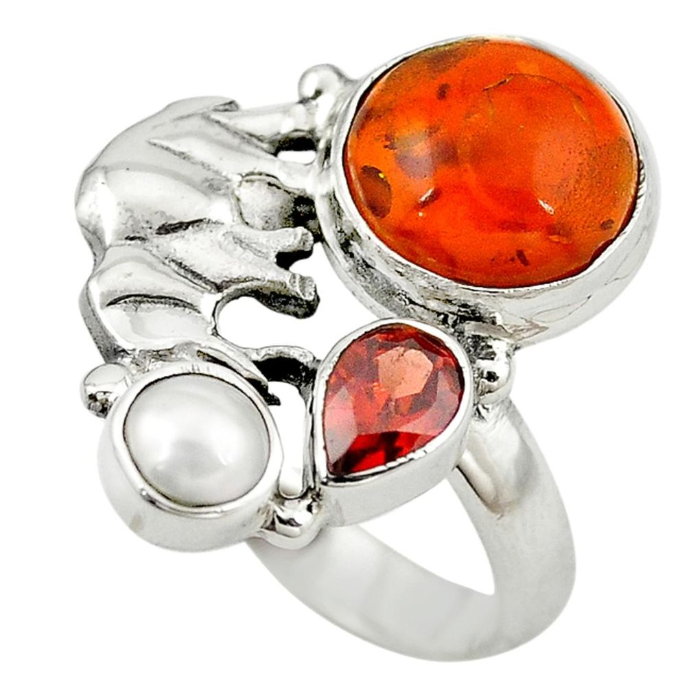 Orange amber garnet pearl 925 sterling silver elephant ring size 7 m13430