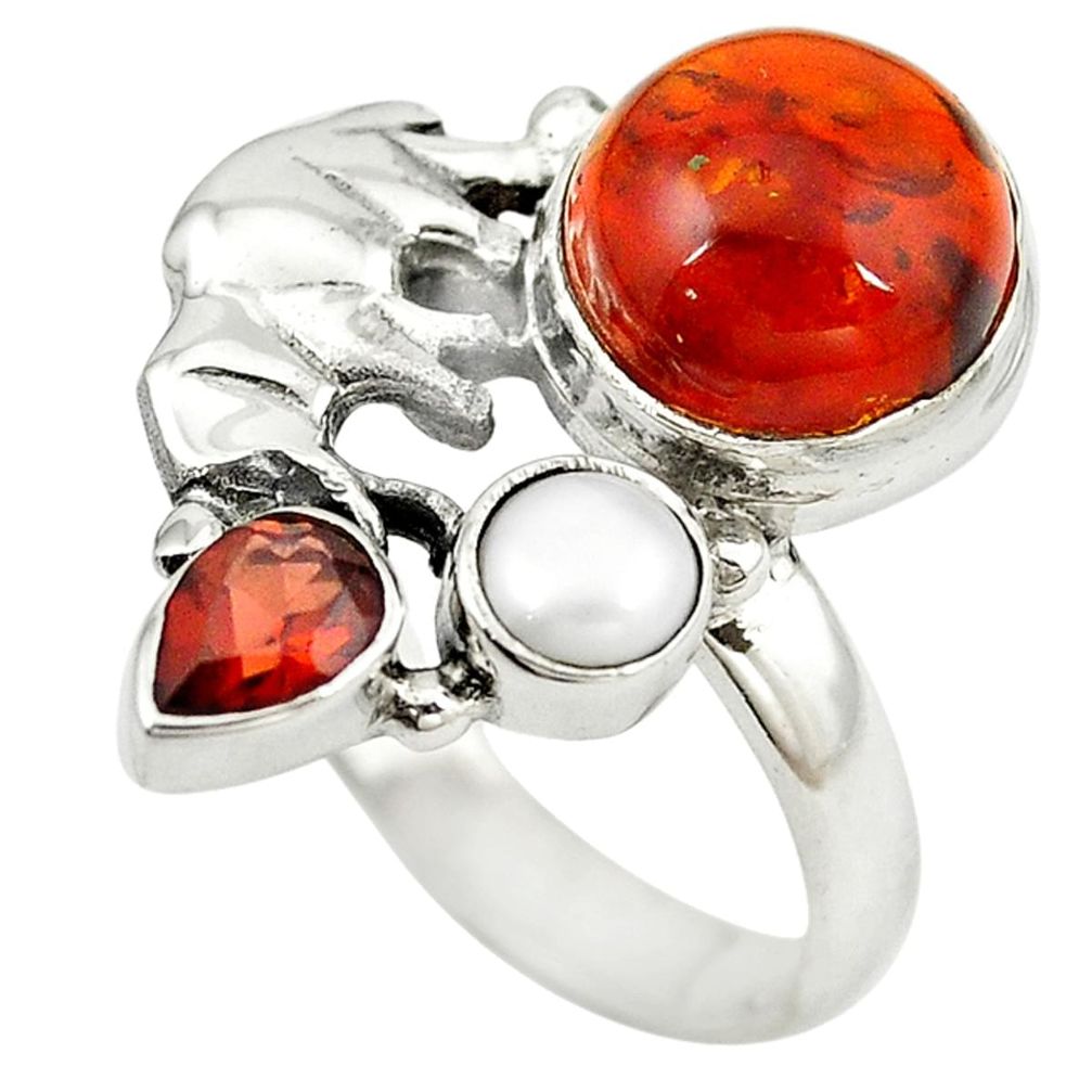Orange amber garnet 925 sterling silver elephant ring jewelry size 8 m13434