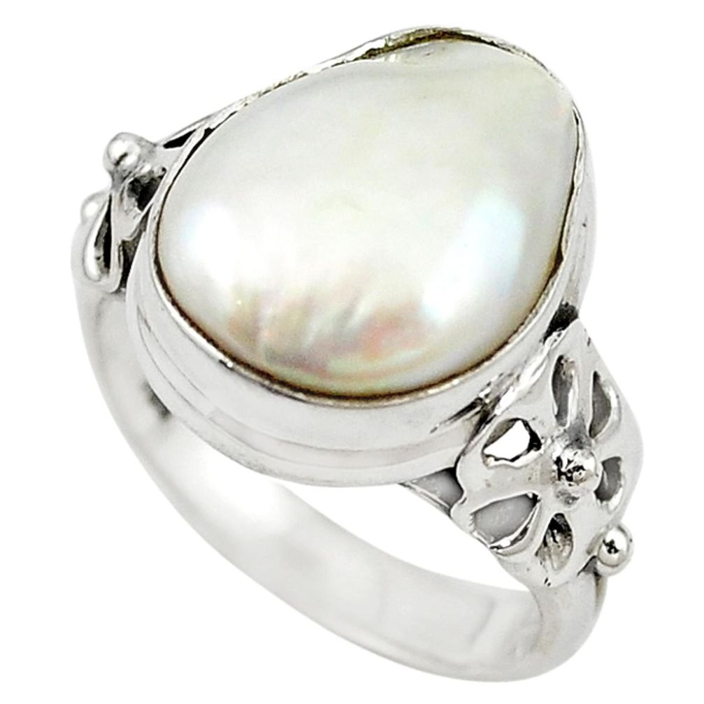 Natural white biwa pearl 925 sterling silver ring jewelry size 6 m14284