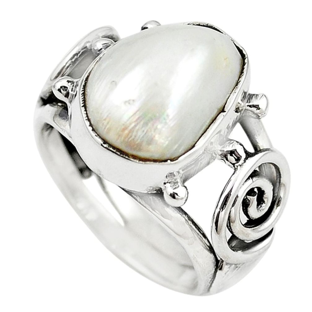 Natural white biwa pearl 925 sterling silver ring jewelry size 7 m14318