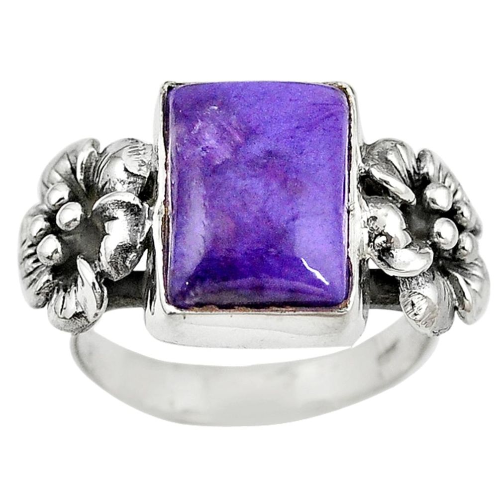 Natural purple charoite (siberian) 925 silver flower ring size 9 m14341