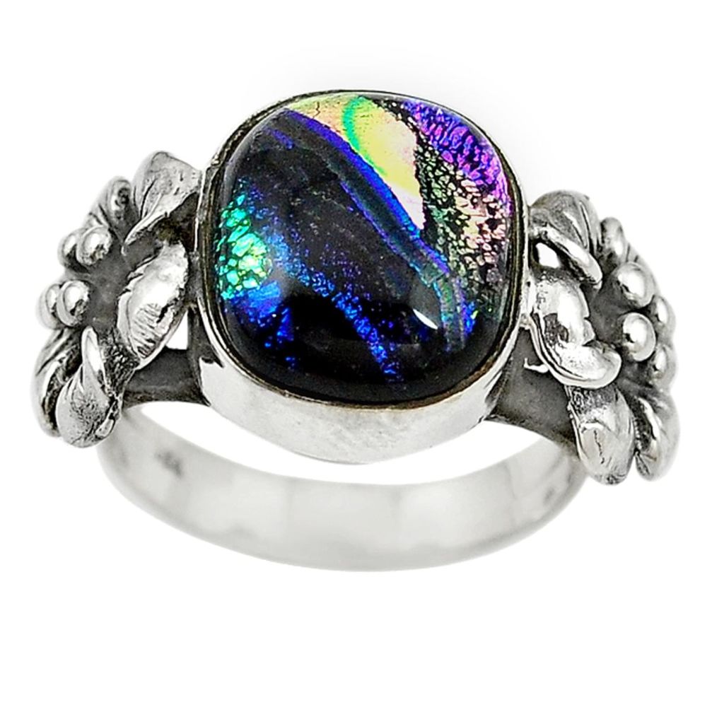 Multi color dichroic glass 925 silver flower ring jewelry size 6.5 m14342