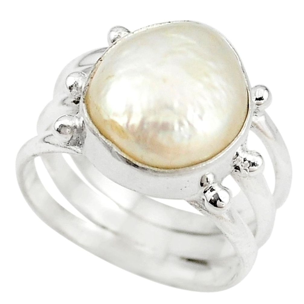 Natural white biwa pearl 925 sterling silver ring jewelry size 6.5 m14667