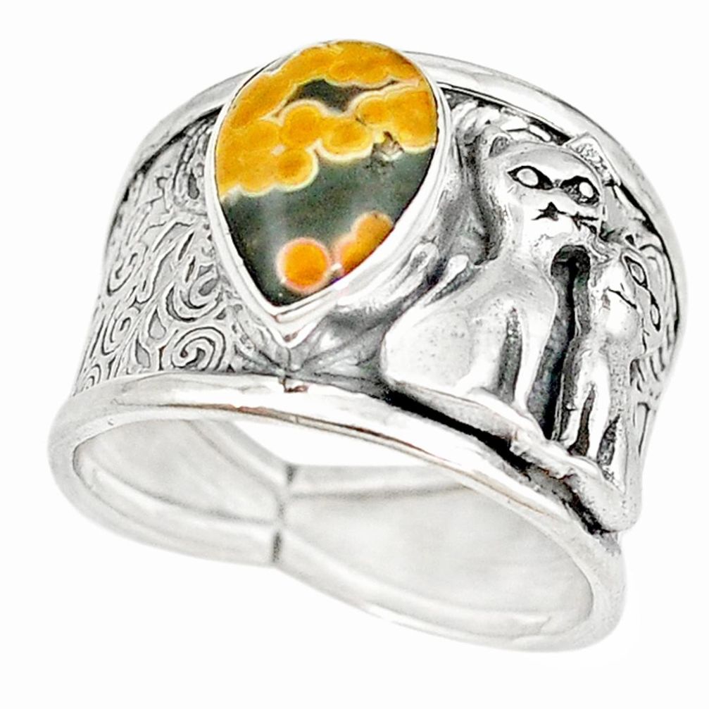 Natural ocean sea jasper (madagascar) 925 silver two cats ring size 8.5 m16083