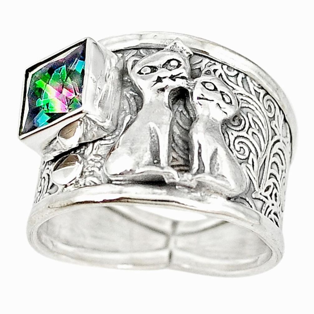 Multi color rainbow topaz 925 sterling silver two cats ring size 9 m16086