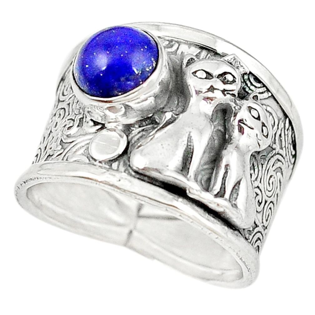 Natural blue lapis lazuli 925 sterling silver two cats ring size 8 m16088