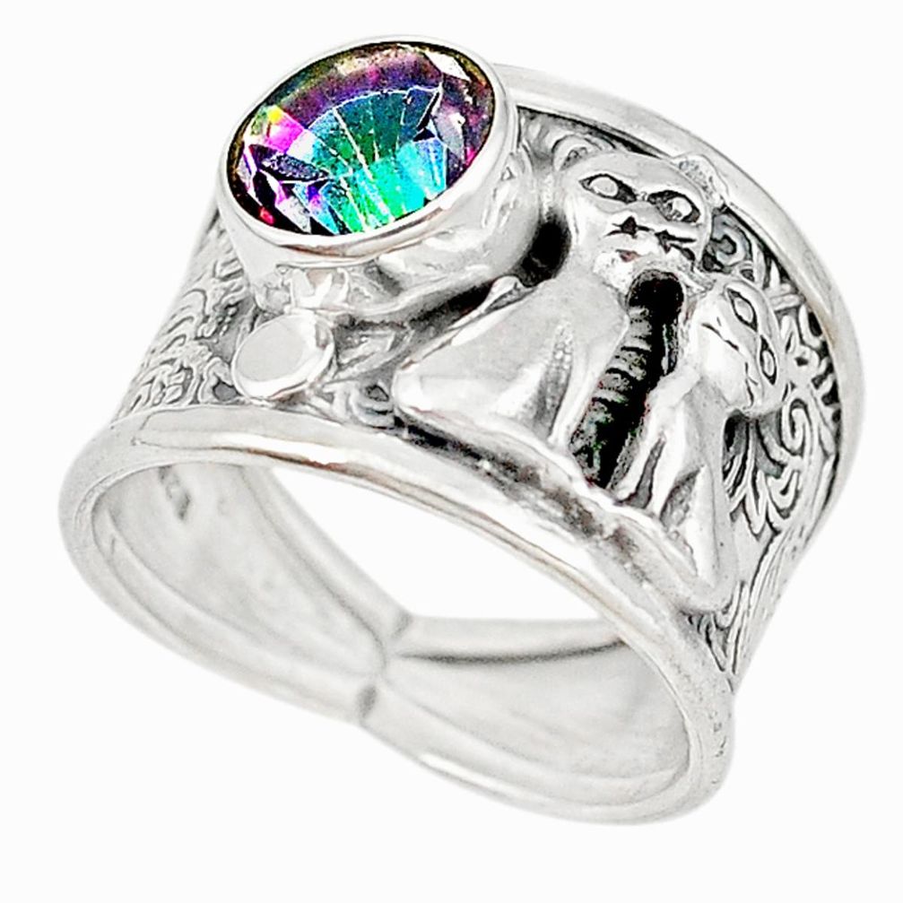 Multi color rainbow topaz 925 sterling silver two cats ring size 7 m16089
