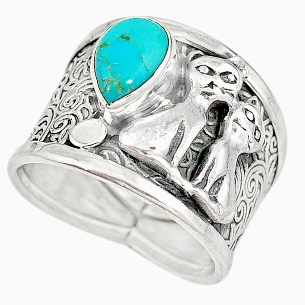 Blue arizona mohave turquoise 925 silver two cats ring size 7.5 m16094