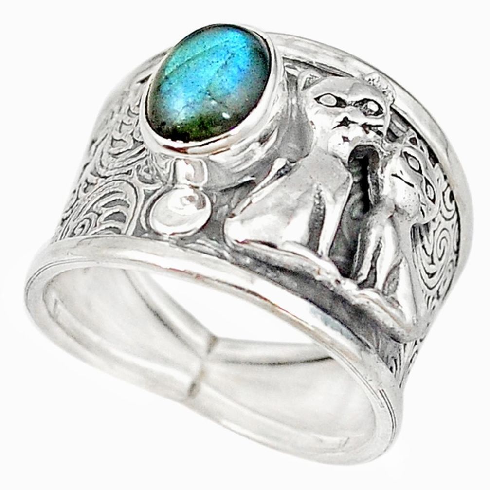 Natural blue labradorite 925 sterling silver two cats ring size 7.5 m16097