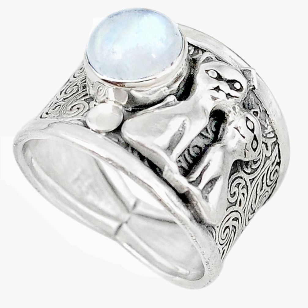 Natural rainbow moonstone 925 silver two cats ring jewelry size 8 m16099
