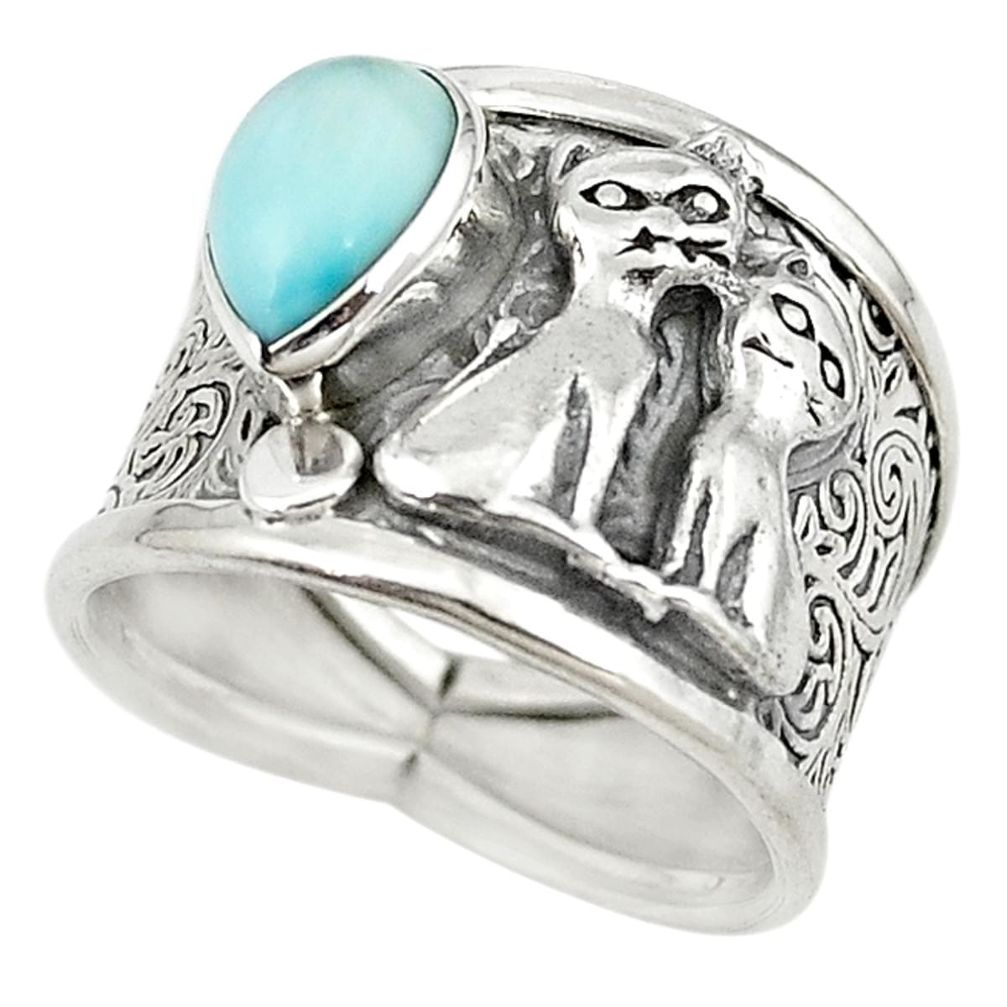 Natural blue larimar 925 sterling silver two cats ring jewelry size 7 m16142