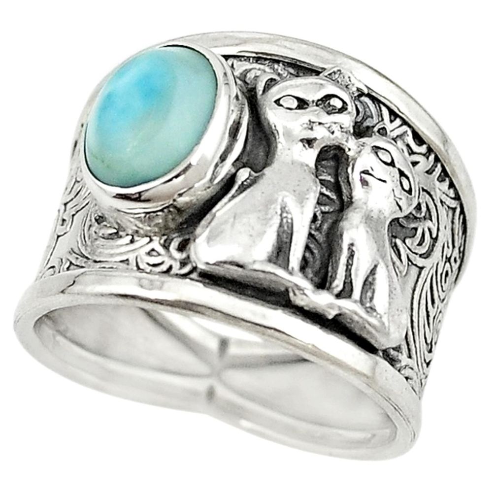 925 sterling silver natural blue larimar two cats ring jewelry size 7.5 m16144