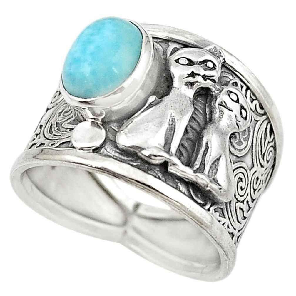 Natural blue larimar 925 sterling silver two cats ring jewelry size 8.5 m16148