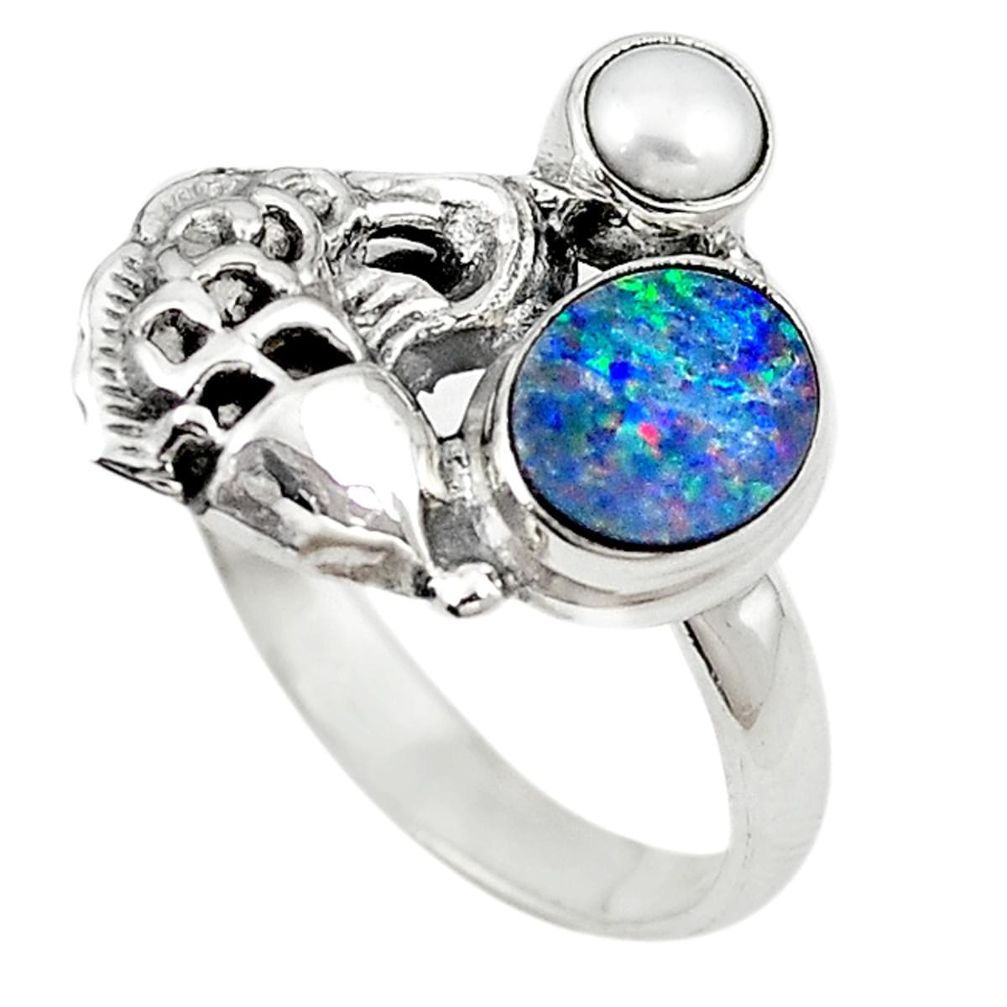 Natural blue doublet opal australian 925 silver fish ring size 8.5 m16330