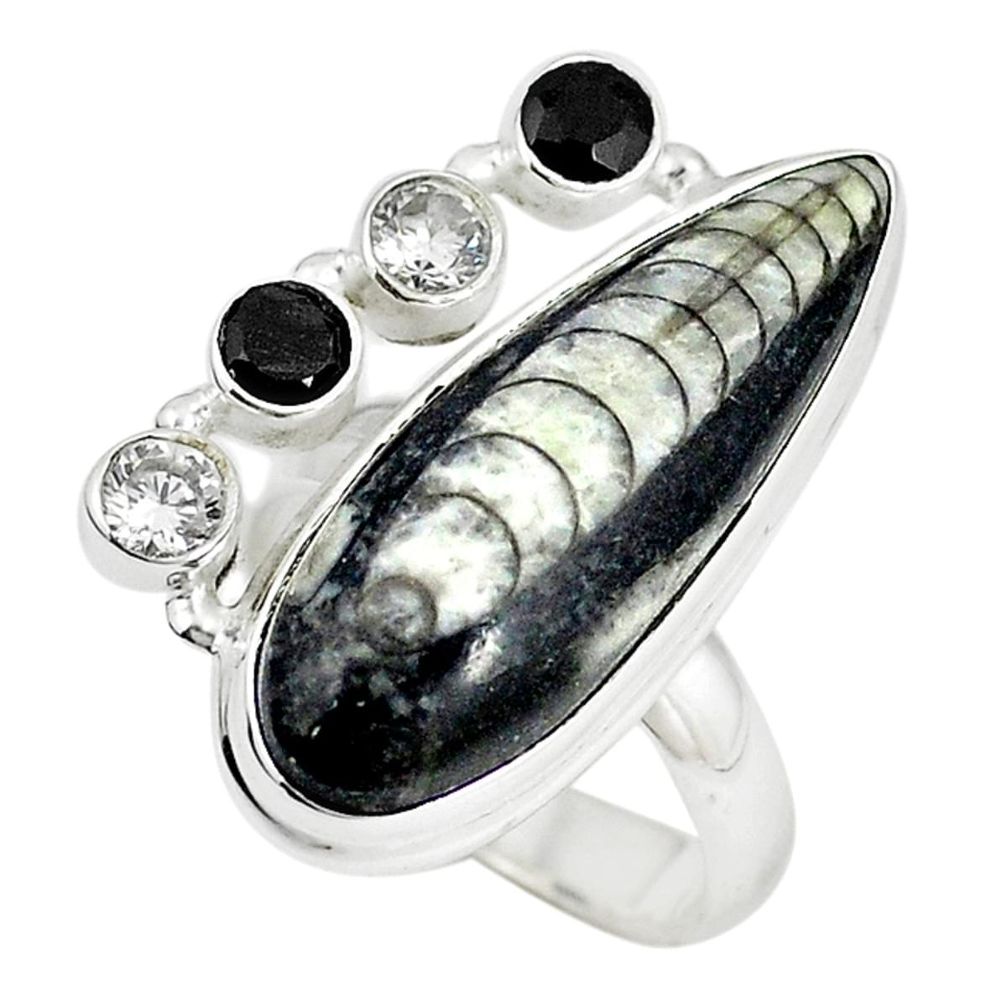 Natural black orthoceras onyx 925 sterling silver ring size 8 m18432