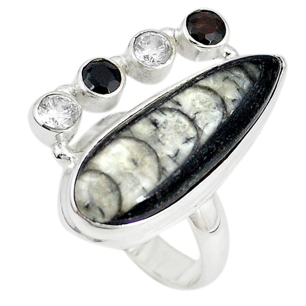 Natural black orthoceras onyx 925 sterling silver ring size 8 m18441