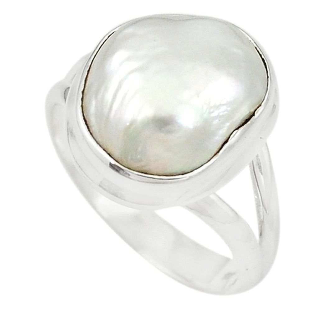 Natural white biwa pearl 925 sterling silver ring jewelry size 8 m19093