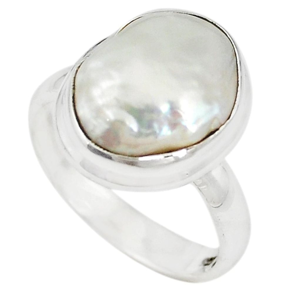 Natural white biwa pearl fancy 925 sterling silver ring size 8.5 m19102