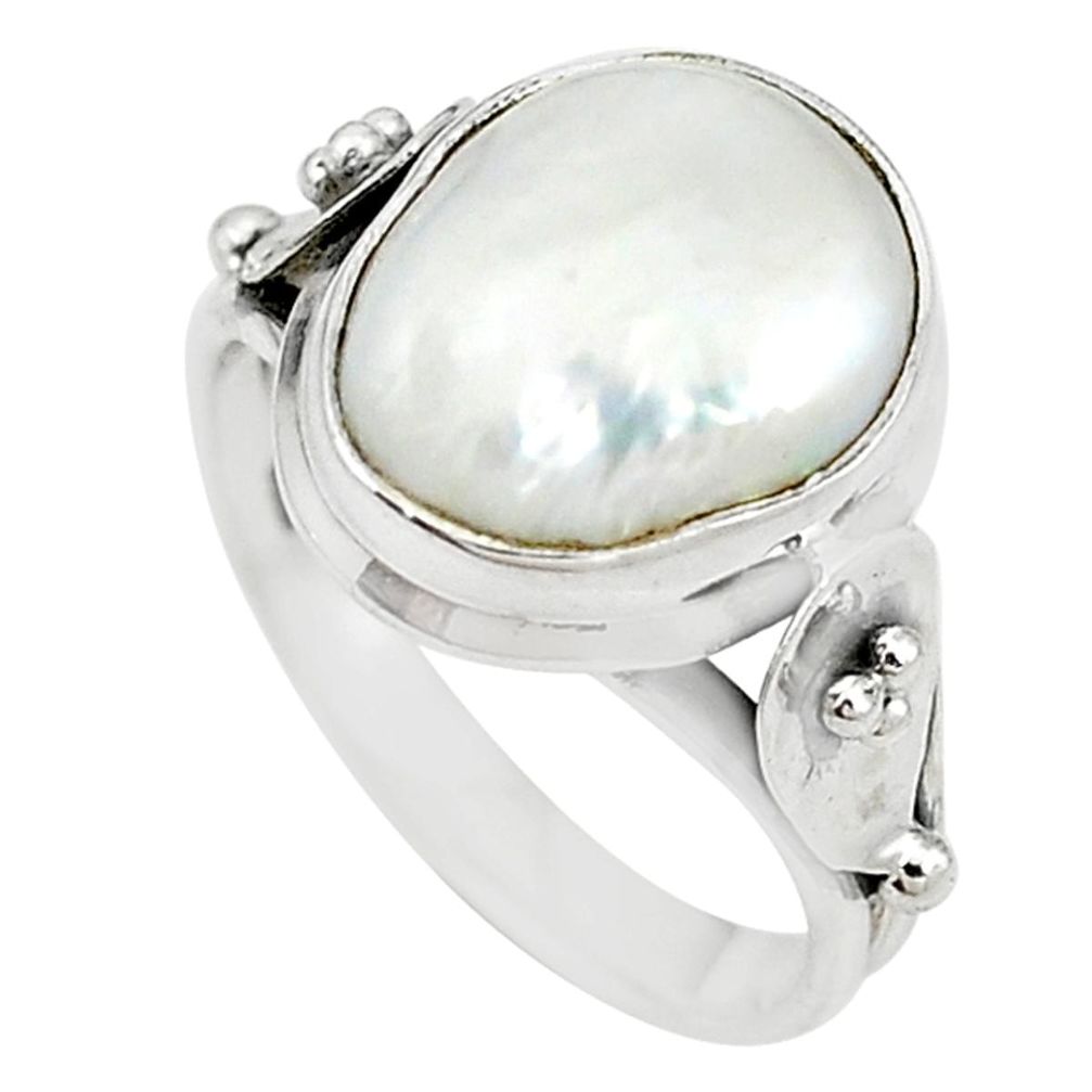 Natural white biwa pearl 925 sterling silver ring jewelry size 8 m19138