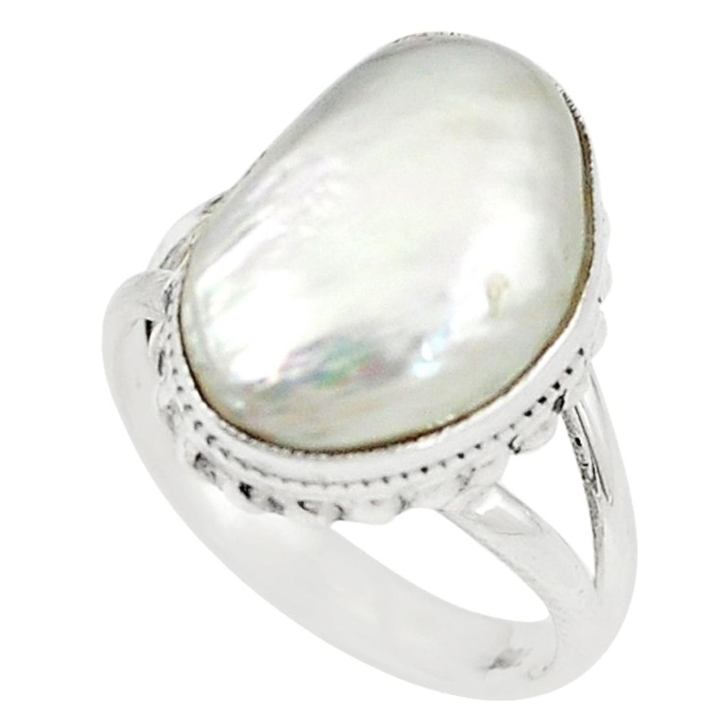 Natural white biwa pearl 925 sterling silver ring jewelry size 7 m19148