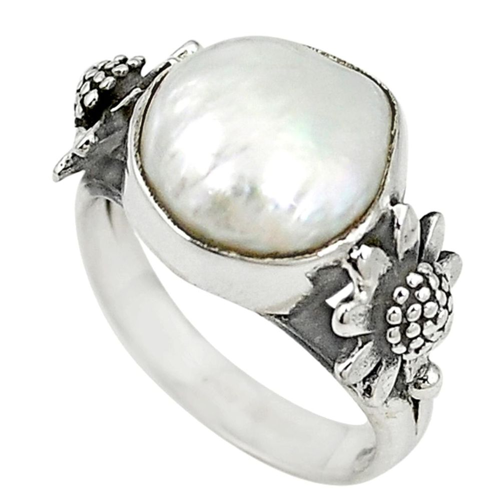 Natural white biwa pearl fancy 925 sterling silver flower ring size 7 m19197