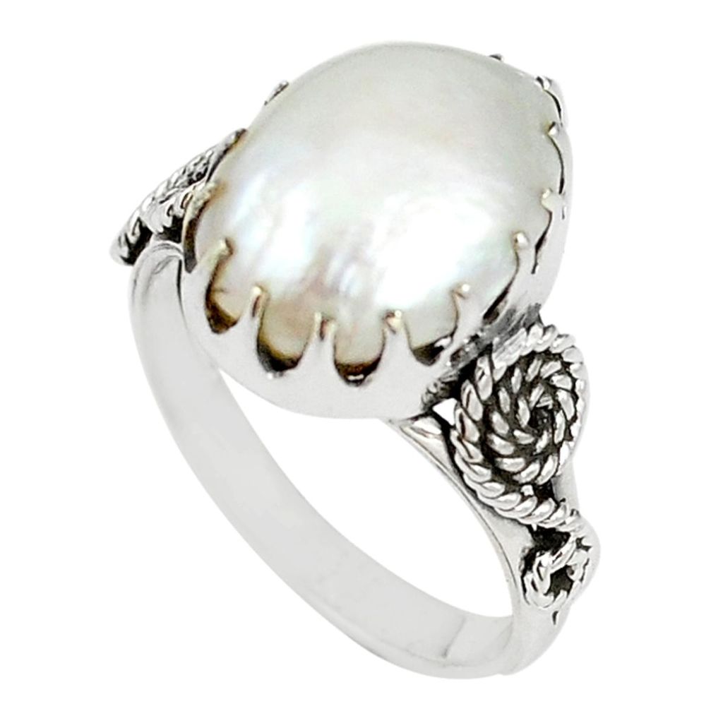 Natural white biwa pearl 925 sterling silver ring jewelry size 9 m19534