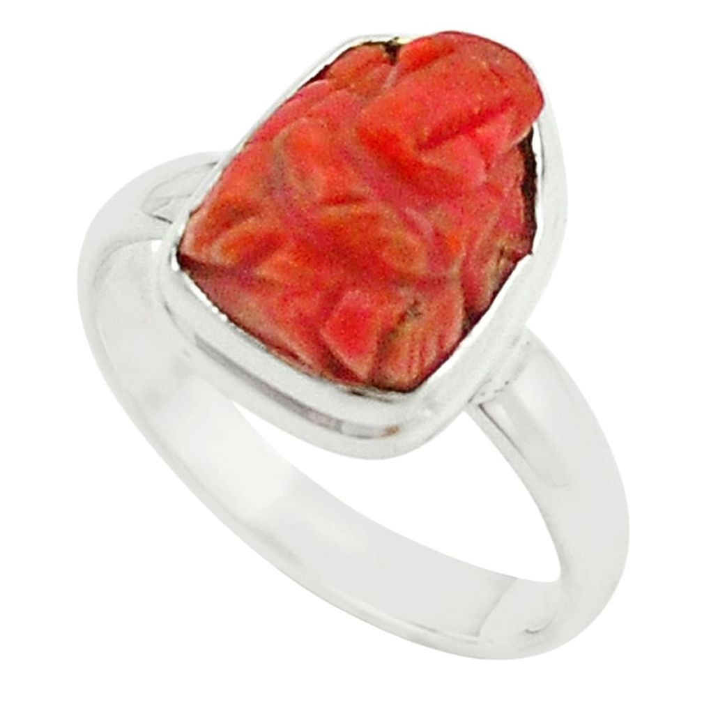 Natural red coral 925 silver symbol om with lord ganesha ring size 9 m22111