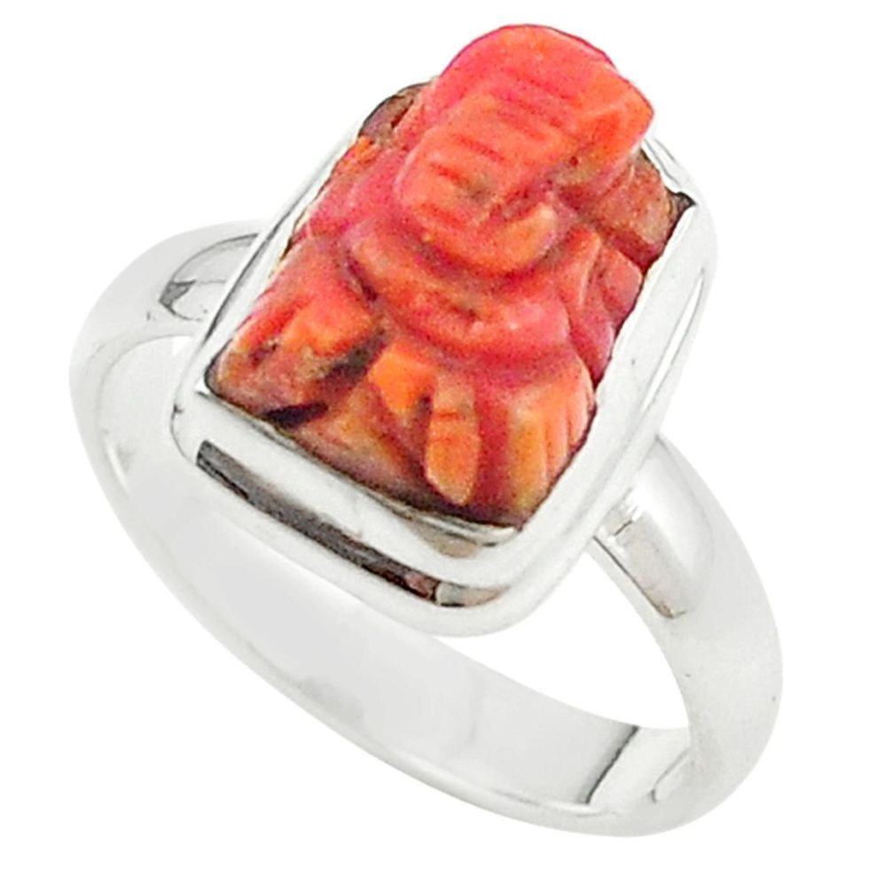 Natural red coral 925 silver symbol om with lord ganesha ring size 8 m22117