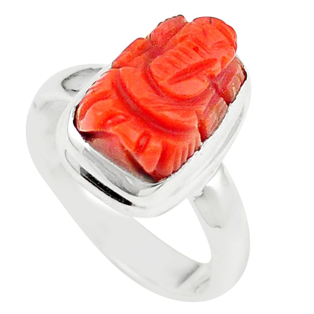 Natural red coral 925 sterling silver lord ganesha ring jewelry size 7.5 m25923