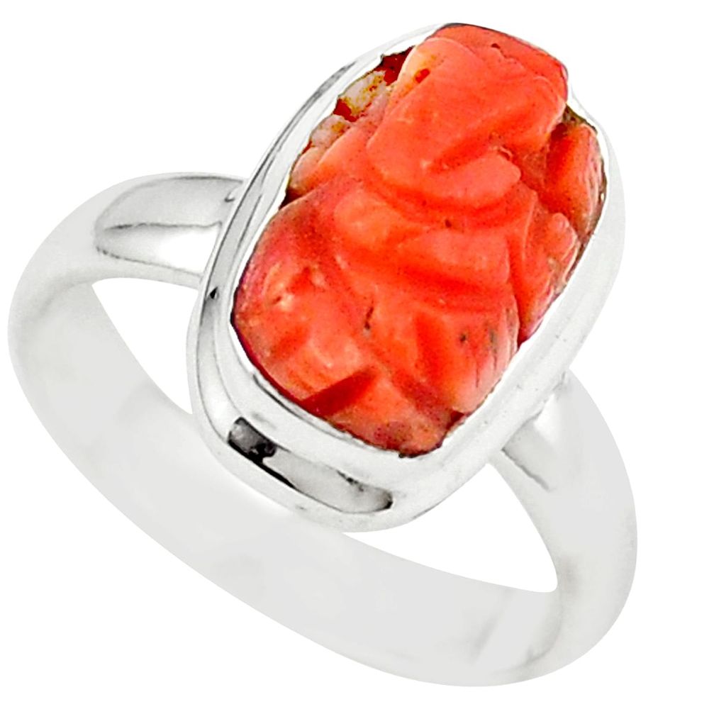 Natural red coral 925 sterling silver lord ganesha ring jewelry size 7.5 m25927