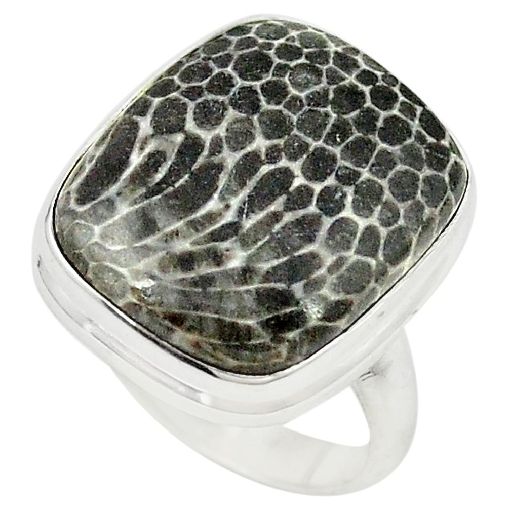 Natural black stingray coral from alaska 925 silver ring size 7 m26082