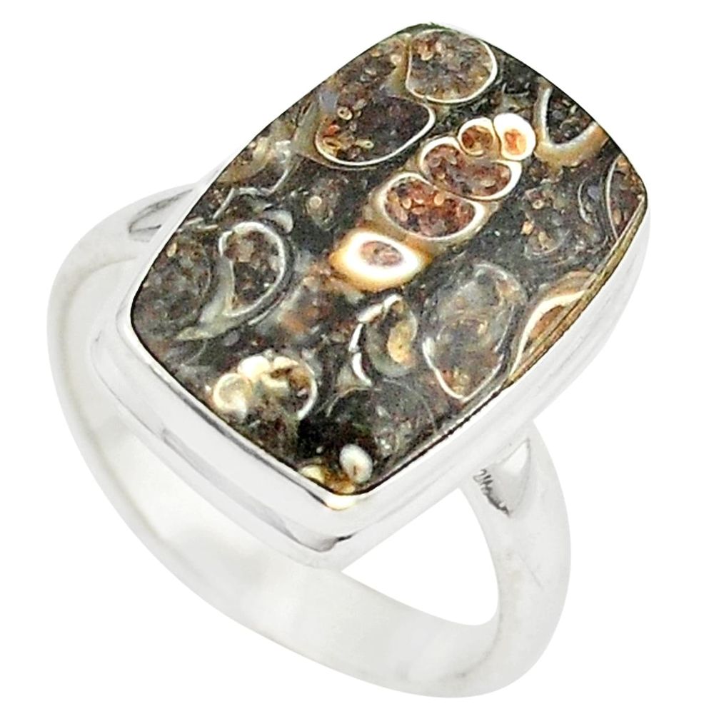 Natural brown turritella fossil snail agate 925 silver ring size 9 m26126