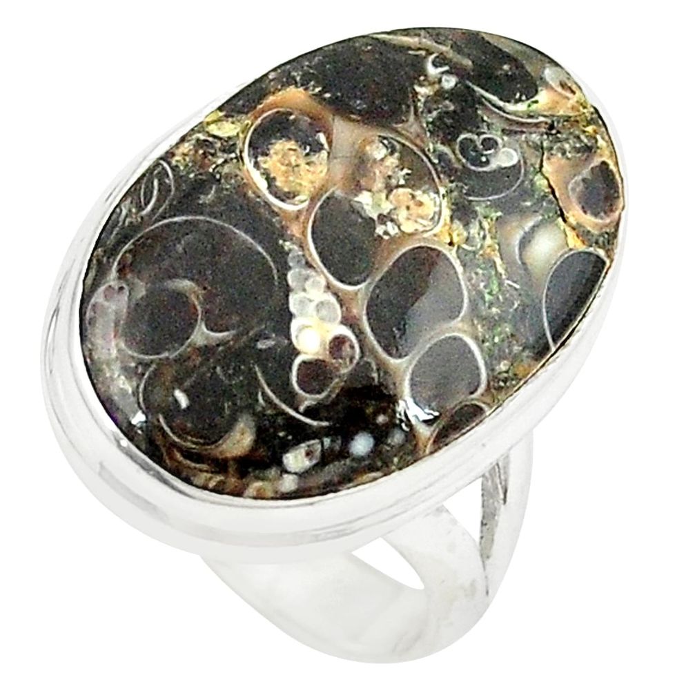 925 silver natural brown turritella fossil snail agate oval ring size 7 m26130