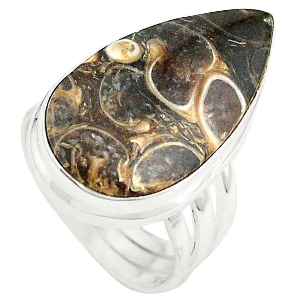 925 silver natural brown turritella fossil snail agate pear ring size 6.5 m26140