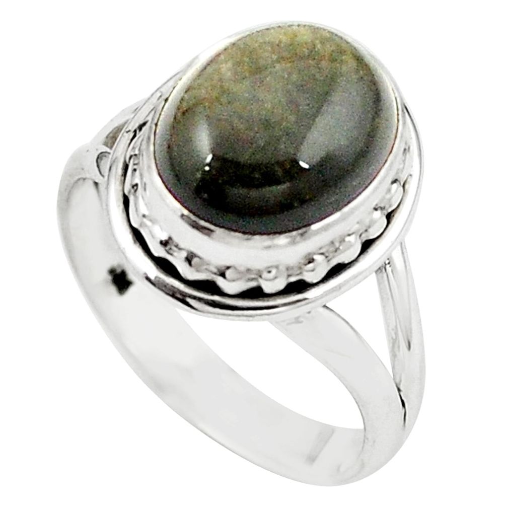 Natural golden sheen black obsidian 925 sterling silver ring size 7 m26399