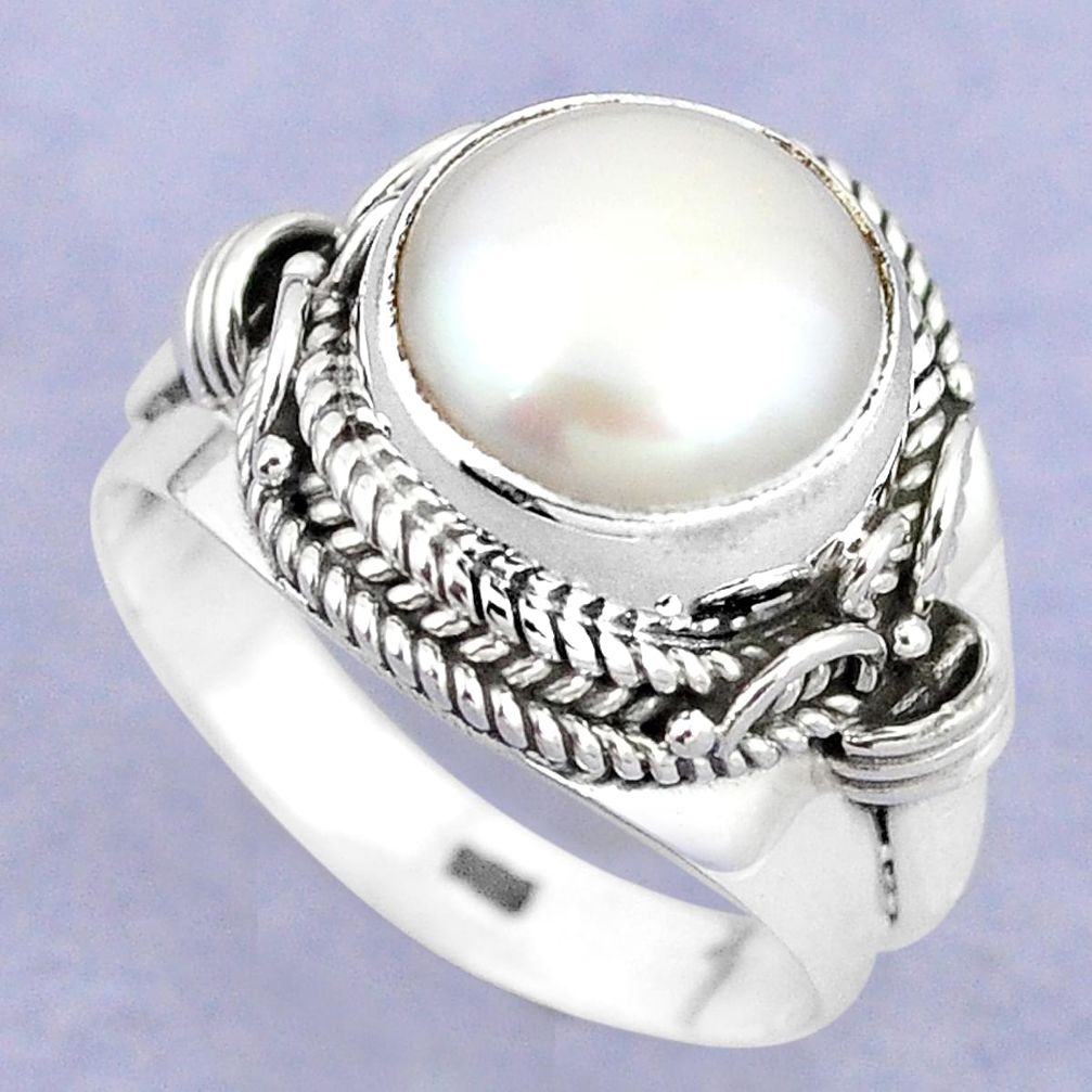 Natural white pearl round 925 sterling silver ring jewelry size 7 m29226