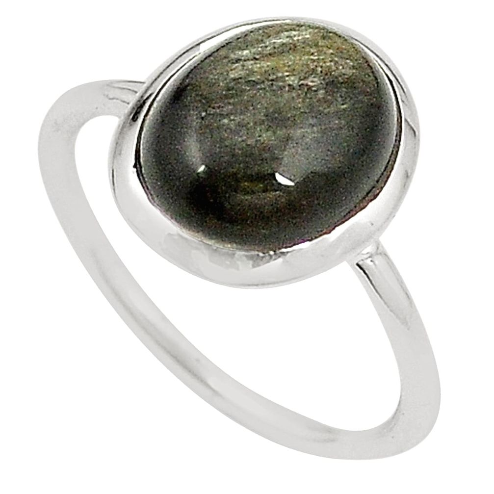 Natural golden sheen black obsidian 925 silver ring jewelry size 8 m30290