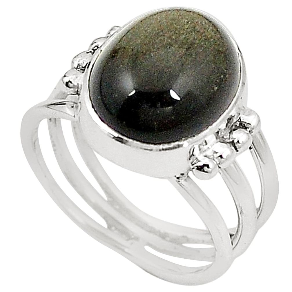 Natural golden sheen black obsidian 925 silver ring jewelry size 5 m30297