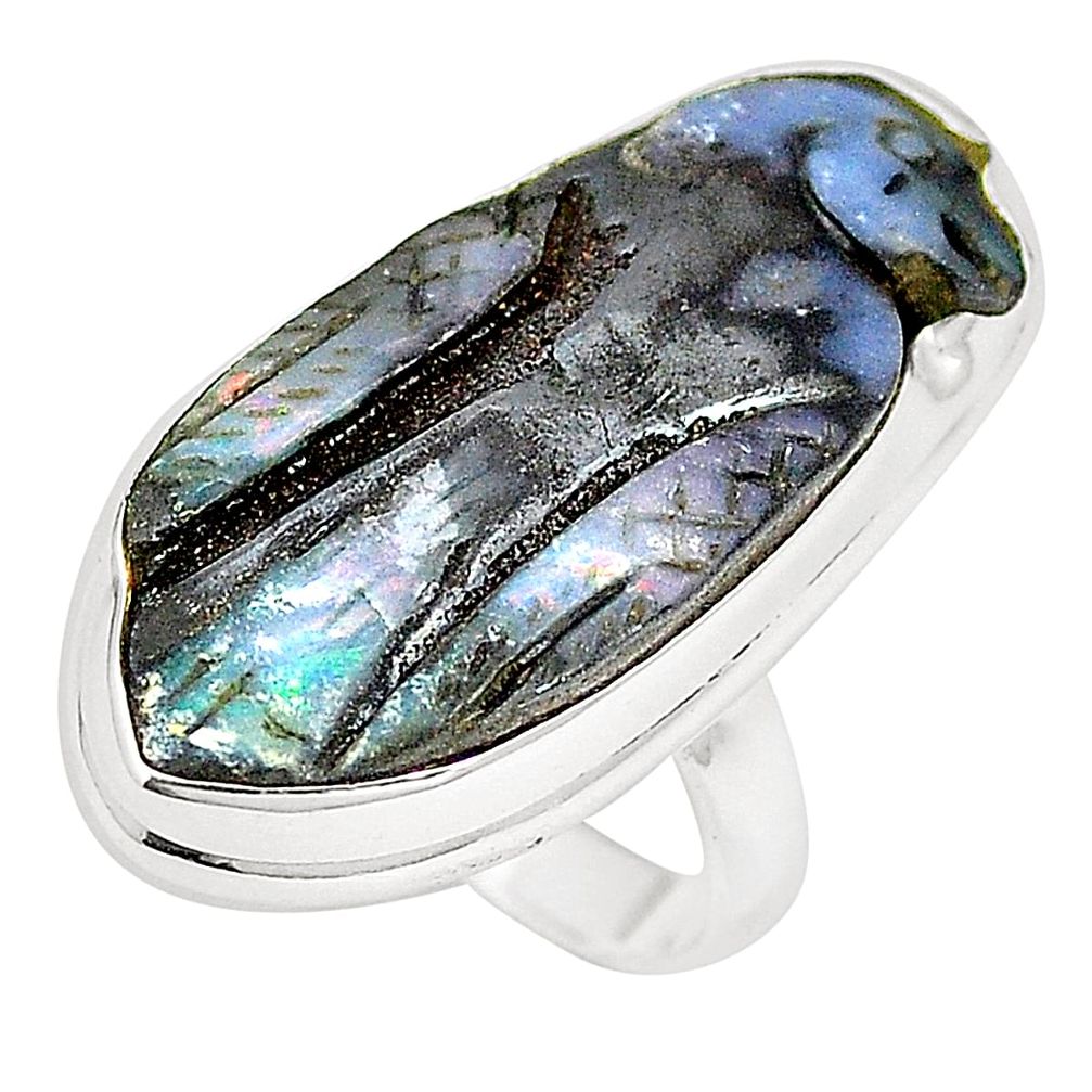 925 sterling silver natural blue boulder opal carving ring size 5 m30745