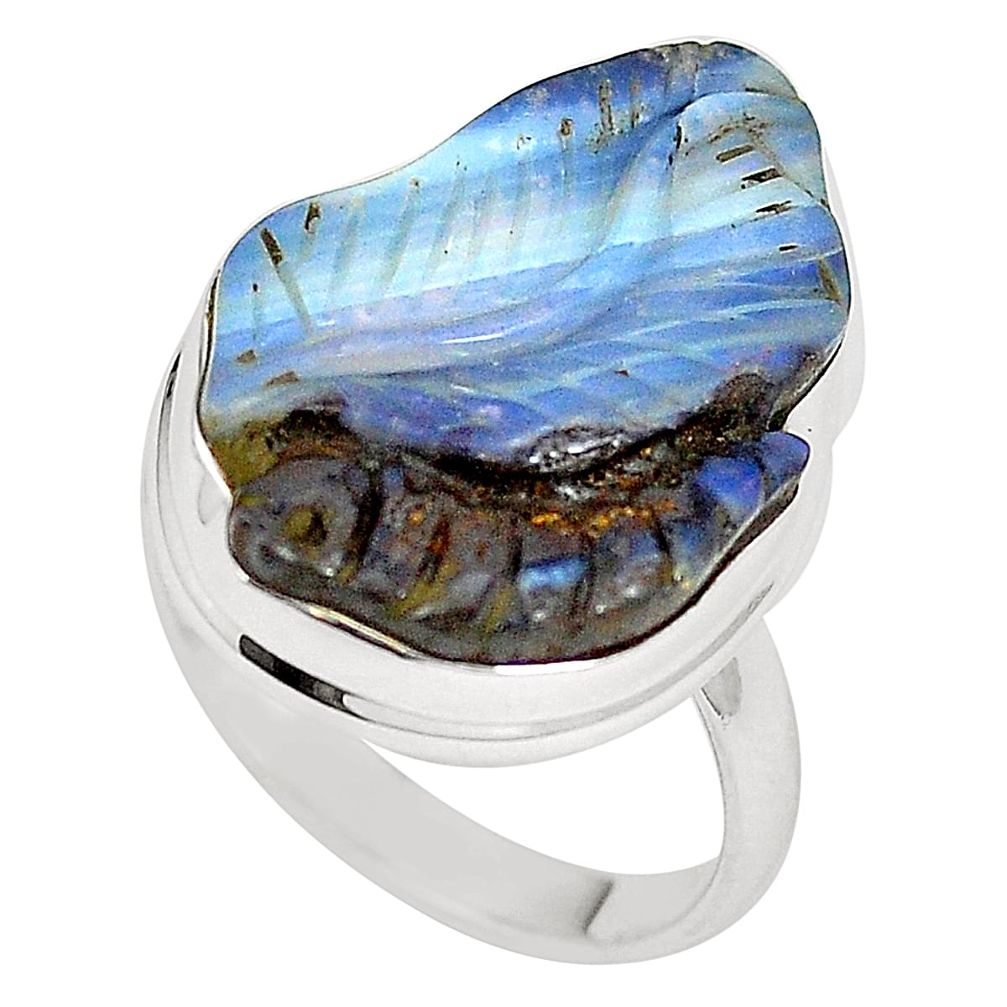 925 sterling silver natural blue boulder opal carving ring size 10 m30790