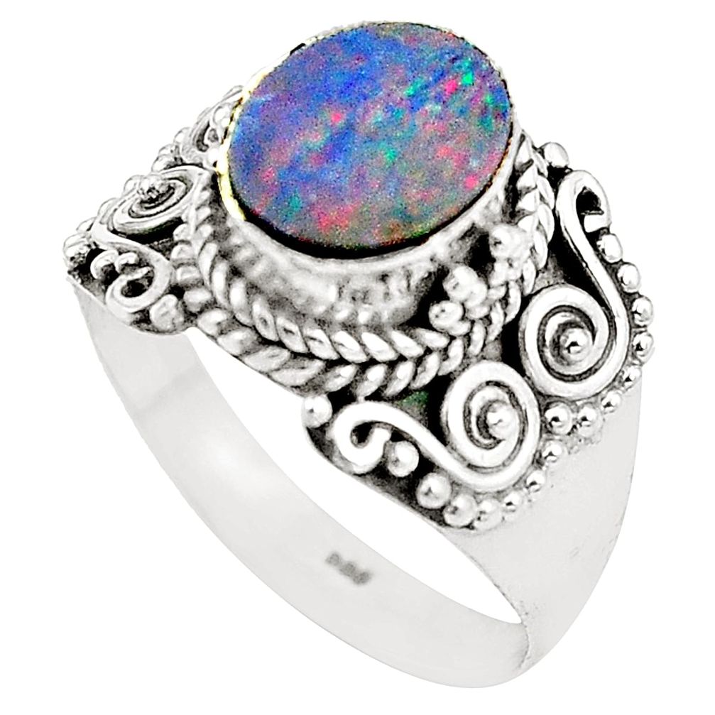 Natural blue doublet opal australian 925 silver ring size 8.5 m37151