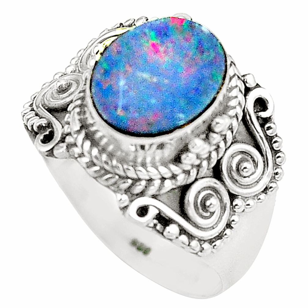 Natural blue doublet opal australian 925 sterling silver ring size 8 m37156