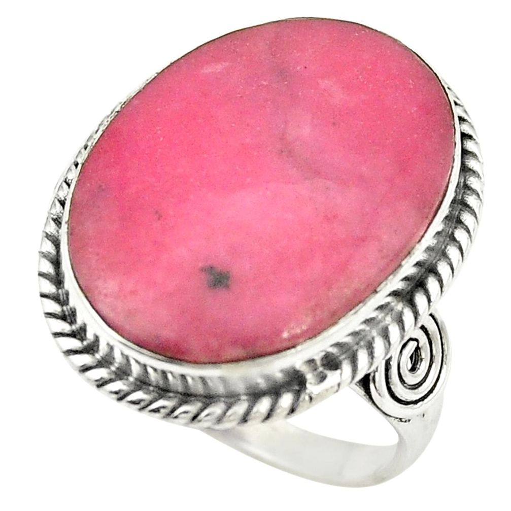 Natural pink rhodonite in black manganese 925 sterling silver ring size 9 m38172