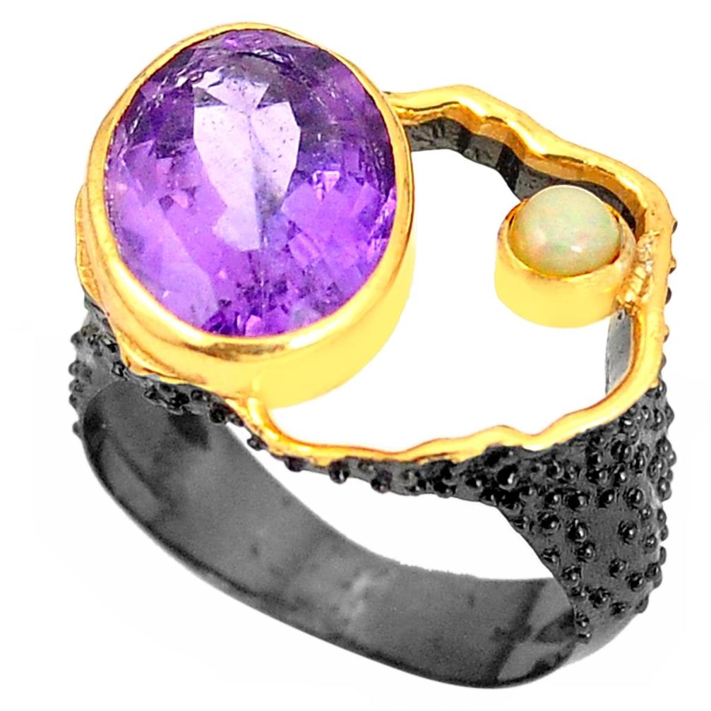 Natural purple amethyst black rhodium 925 silver 14k gold ring size 7.5 m38701