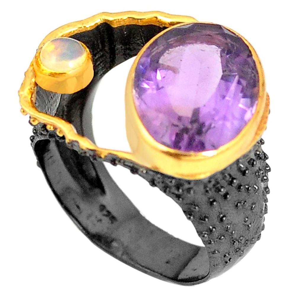 925 silver natural purple amethyst black rhodium 14k gold ring size 6.5 m38704