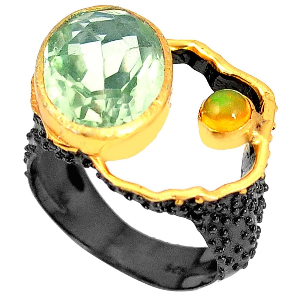 Natural green amethyst black rhodium 925 silver 14k gold ring size 6.5 m38706