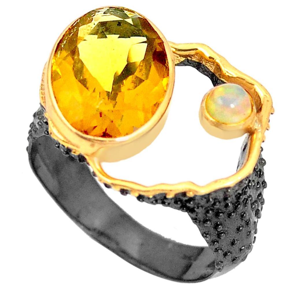 Natural yellow citrine black rhodium 925 silver 14k gold ring size 8.5 m38708